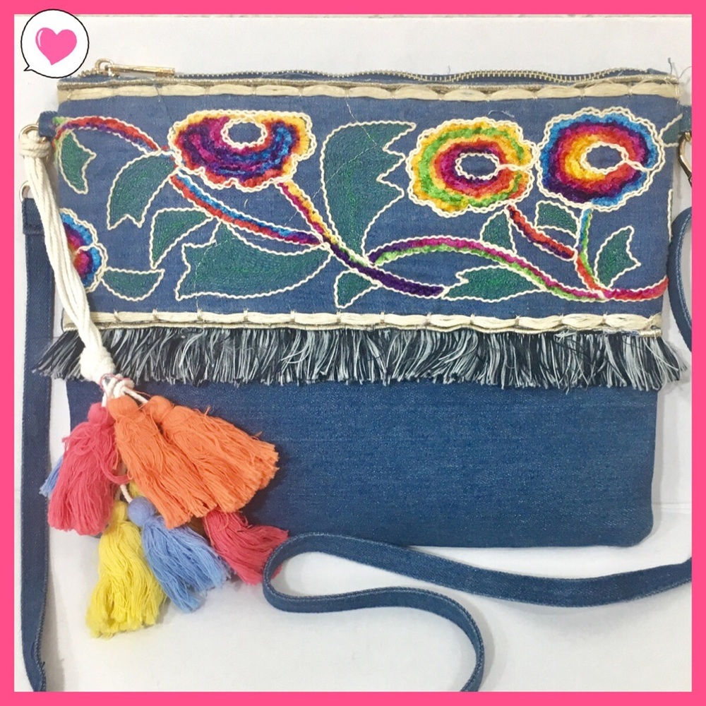 Denim embroidered tassel crossbody clutch purse